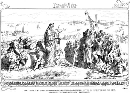 The picture is a drawing showing how the artist imagined Thyra, giving orders to the men, who with shovels and other tools will build the Danevirke.