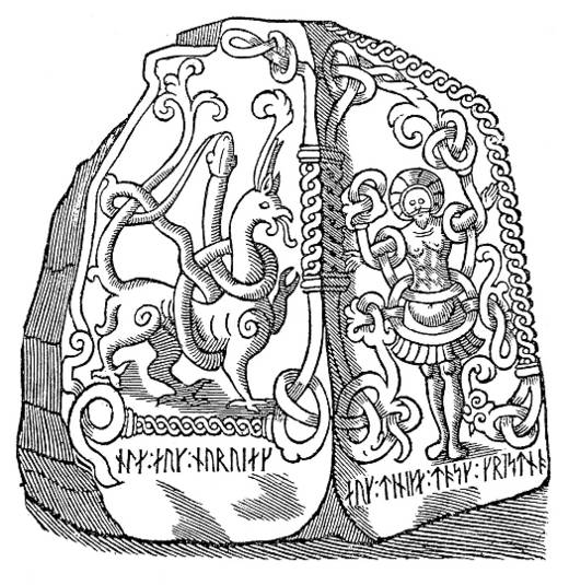 Billedet viser en stregtegning af Jellingstenen.